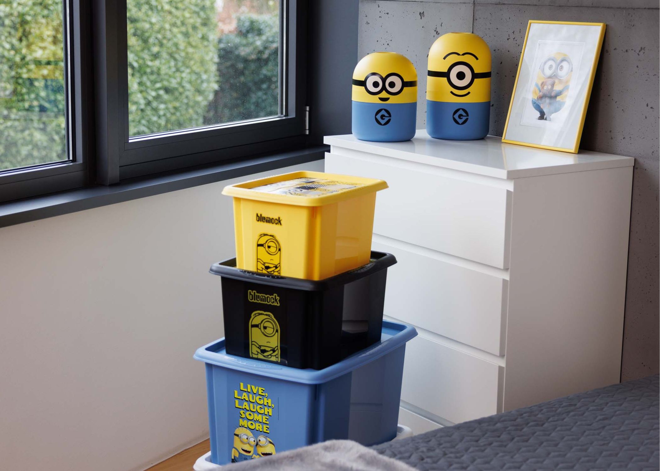 Collection Minions de keeeper avec boîtes de rangement colorées.
