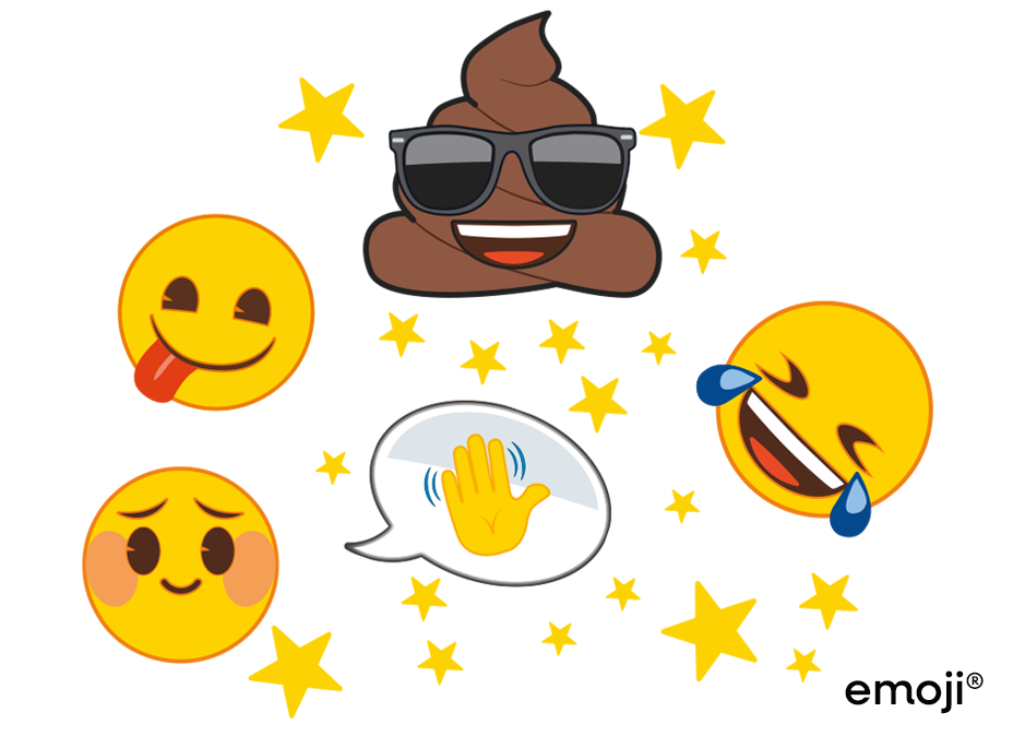 Collection of emoji icons including smiling faces, laughing face, and waving hand.