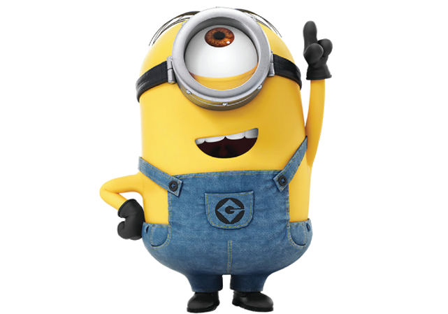 A Minion smiles and raises one finger as if making a point.