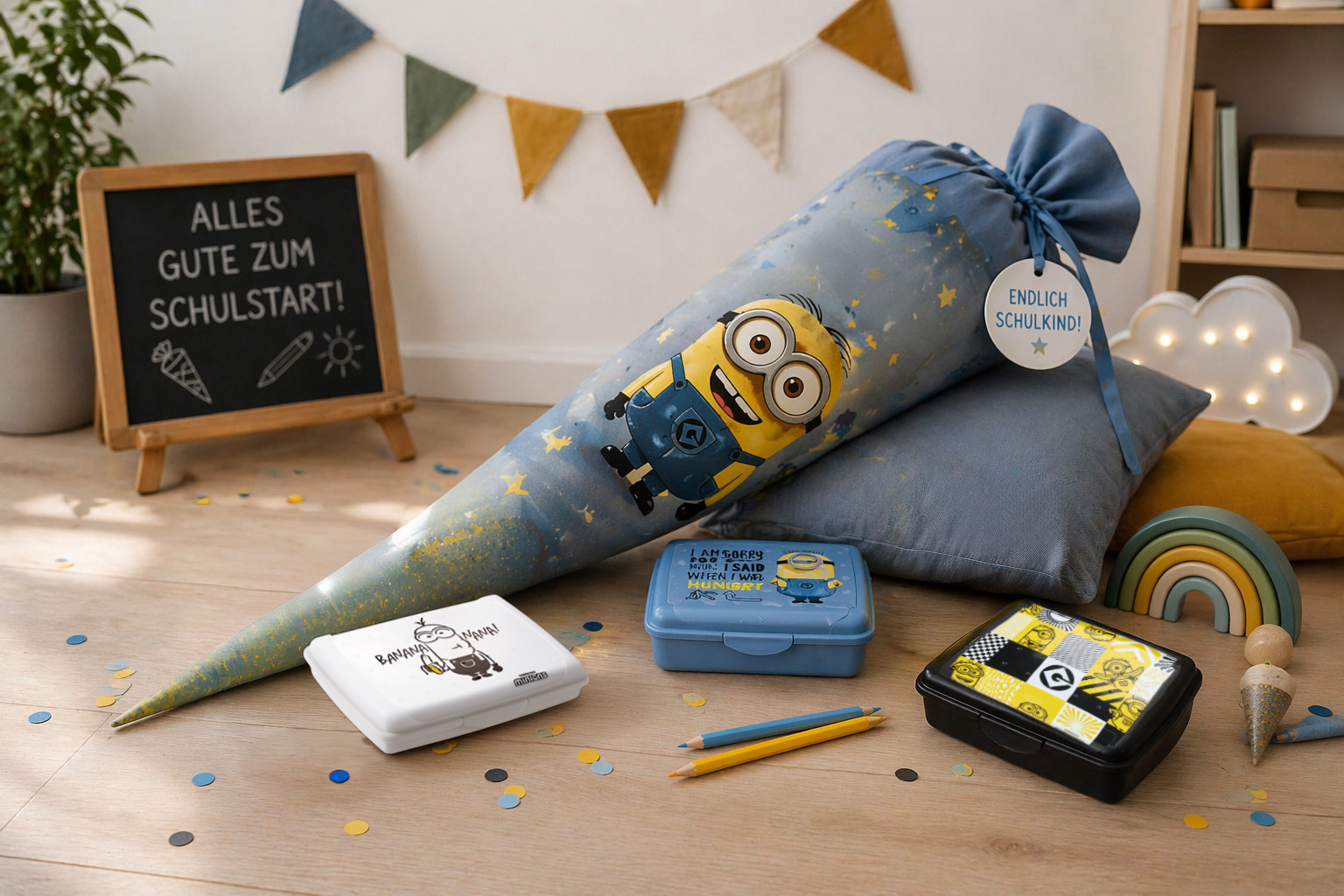 Back-to-school display featuring a Minions-themed school cone, lunch boxes, and stationery arranged on the floor in a cozy children's room with festive decorations.
